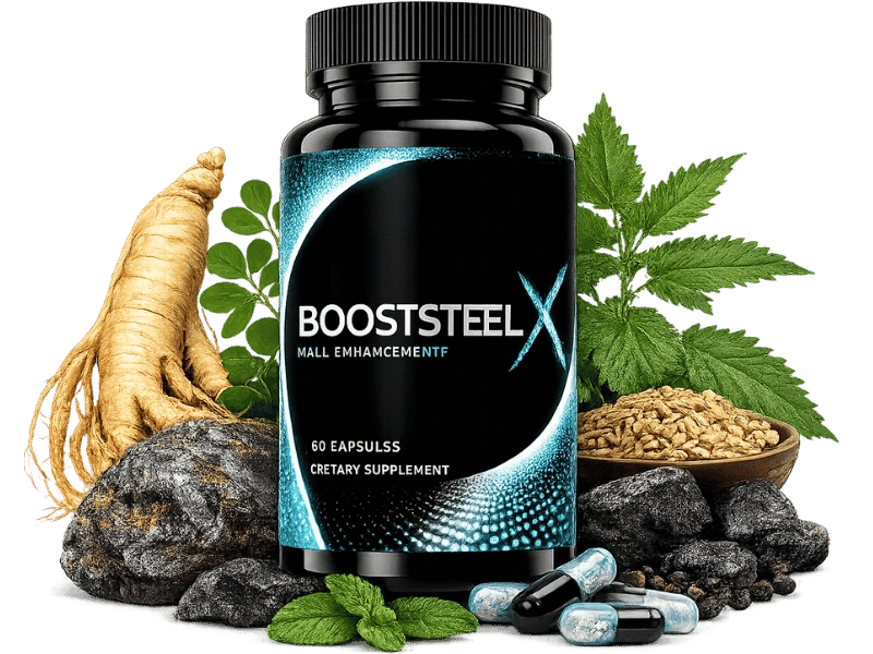 BoostSteelX single bottle — premium natural male performance supplement with teal and gold label — 30-day supply of 60 capsules